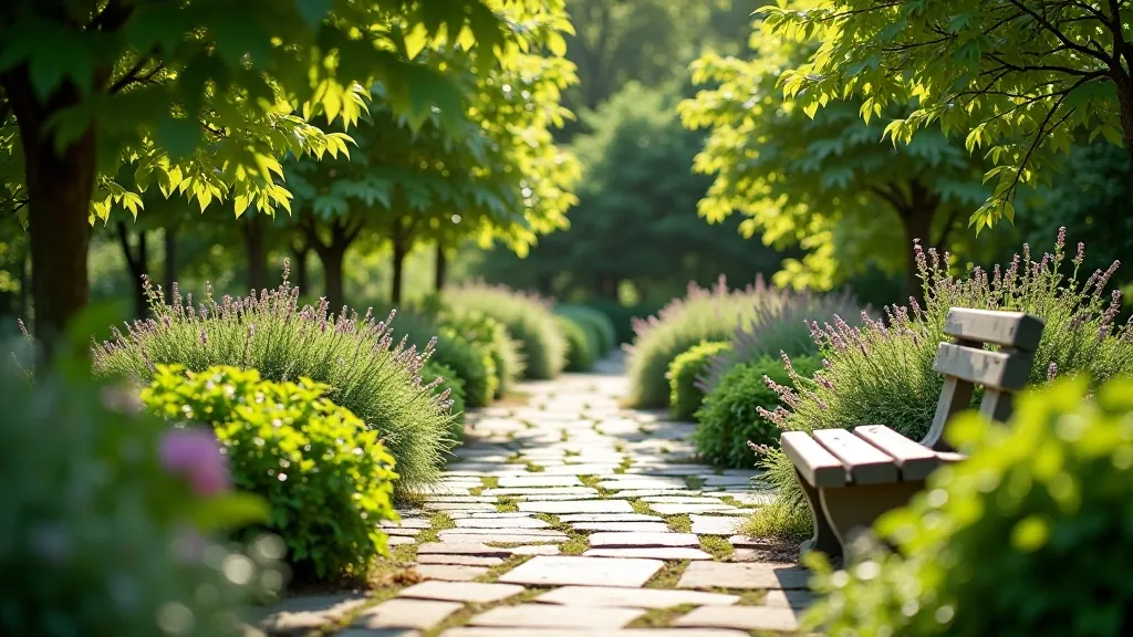 Accessible garden paths at Colclough Gardens with stone walkways and rest benches