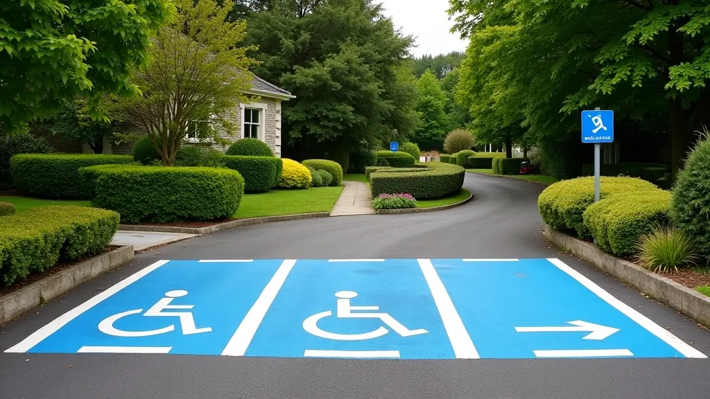 Accessible parking area with clear signage and level access pathways at historic garden entrance