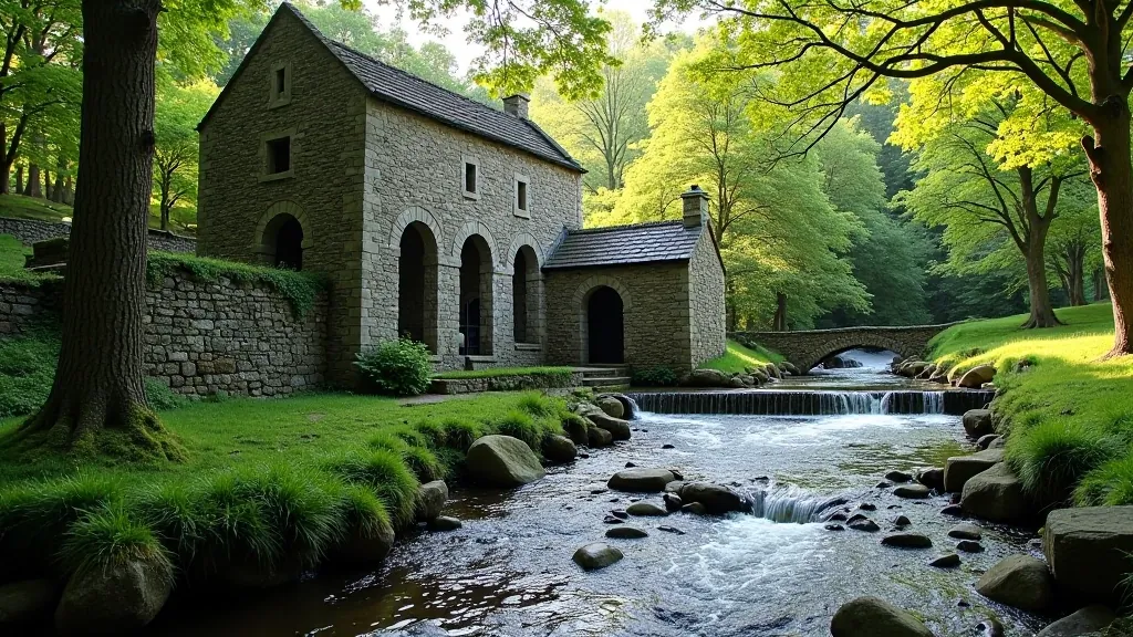 Historic monastic mill ruins beside flowing water with stone channels and woodland surrounding the site