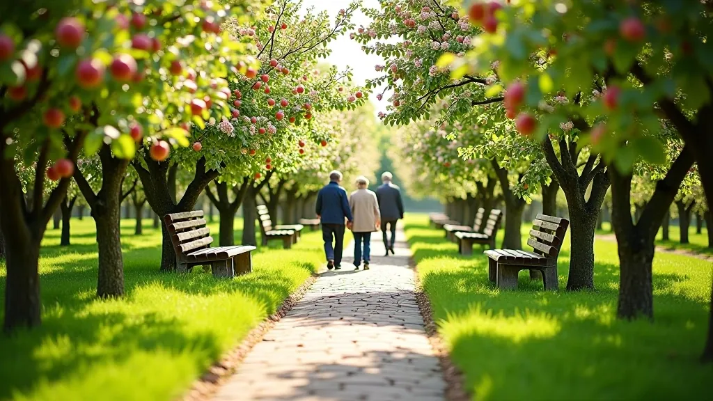 Accessible stone pathways through orchard with apple and pear trees, comfortable benches, senior visitors walking peacefully, spring or summer season