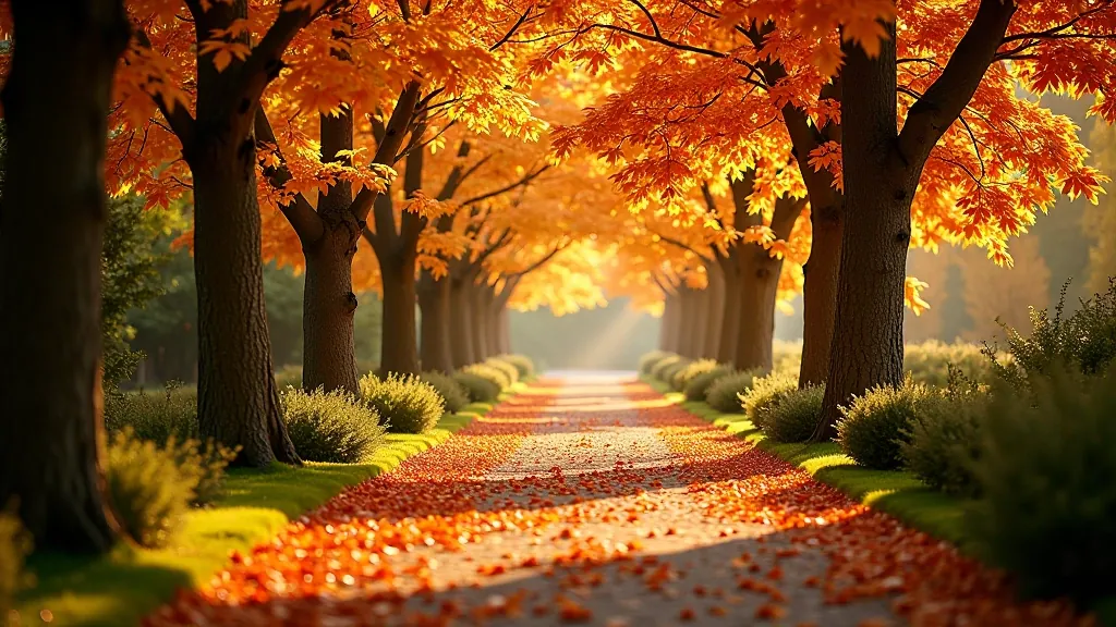 Autumn trees with golden orange and red foliage creating canopy over garden paths