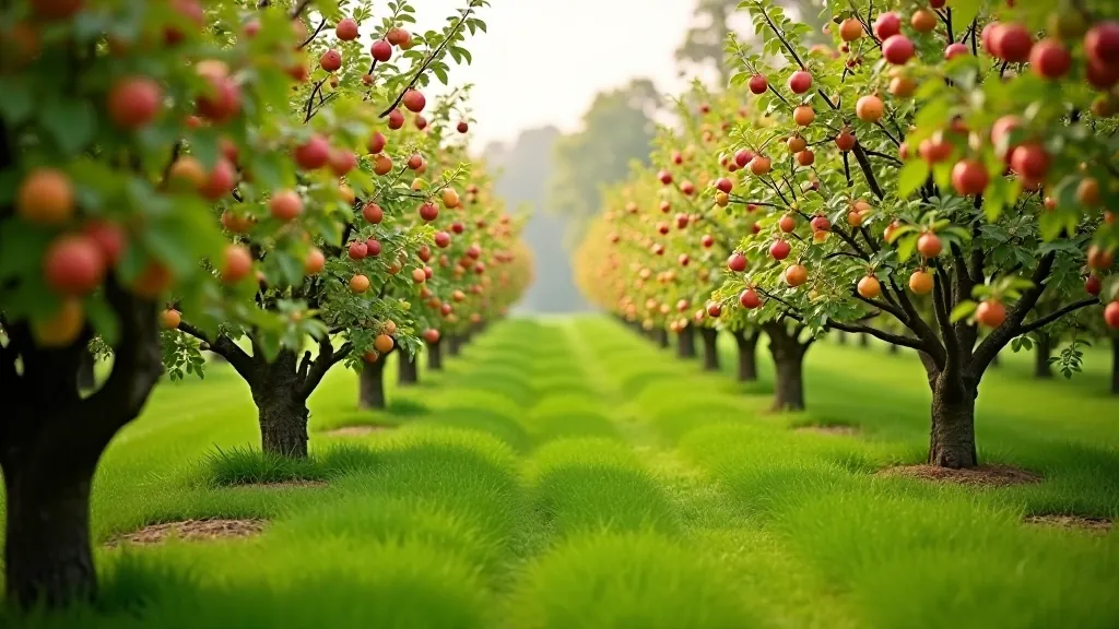 Orchard trees in blossom, spring flowers, peaceful garden setting