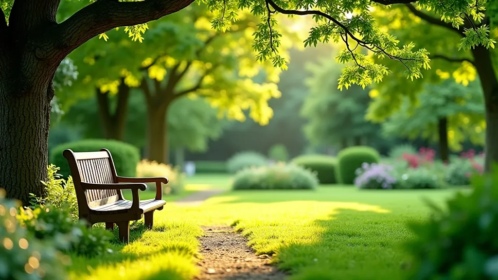 Wooden garden bench positioned under shaded tree canopy with views of gardens