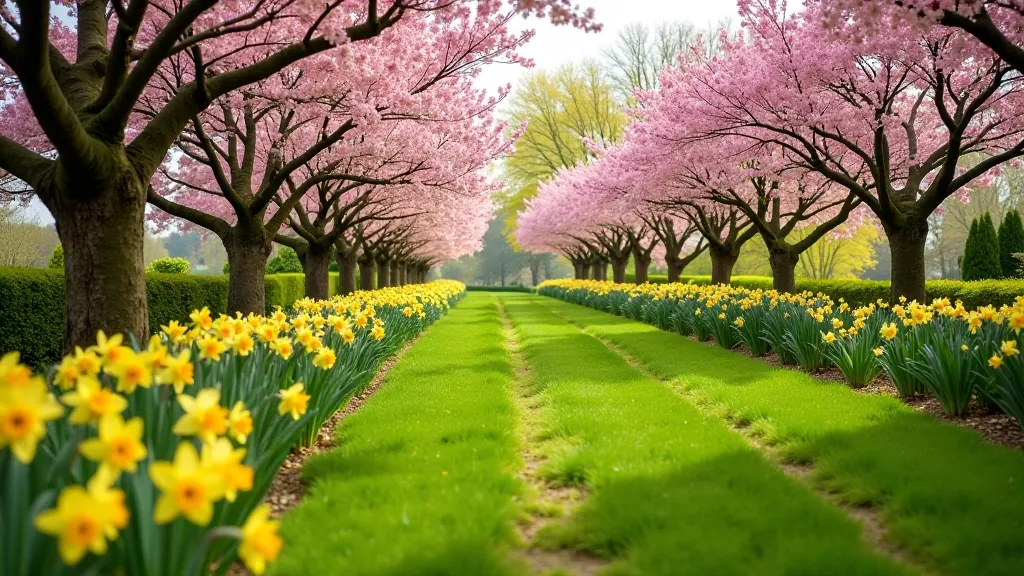 Garden in spring bloom with flowering cherry trees and daffodils