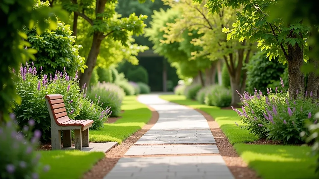 Garden path with accessible paving, benches, and accessible facilities