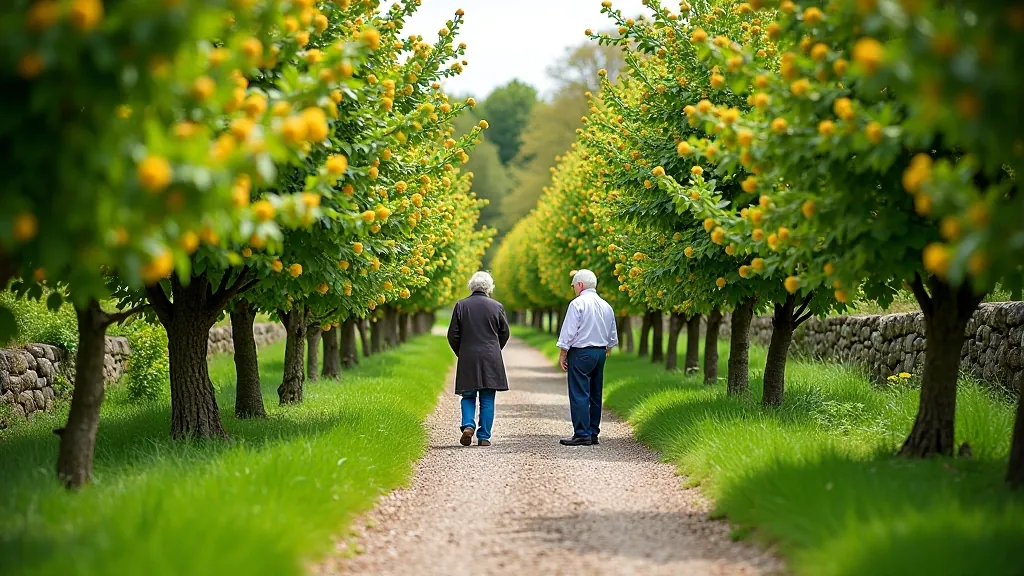 Orchard pathway with fruit trees and visitors discovering heritage apple and pear varieties