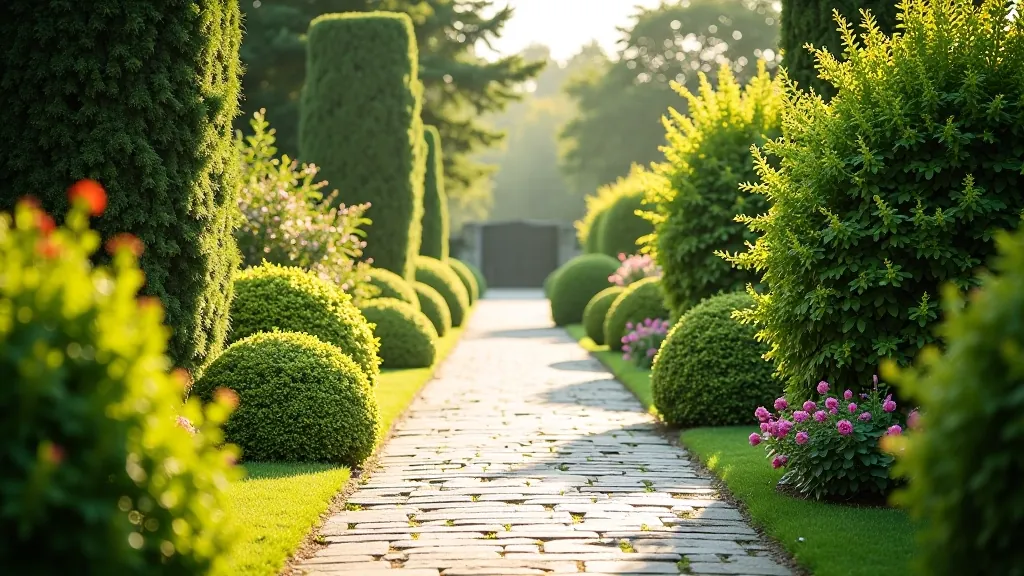 Wide garden pathway with Victorian plantings and flowering shrubs in bloom