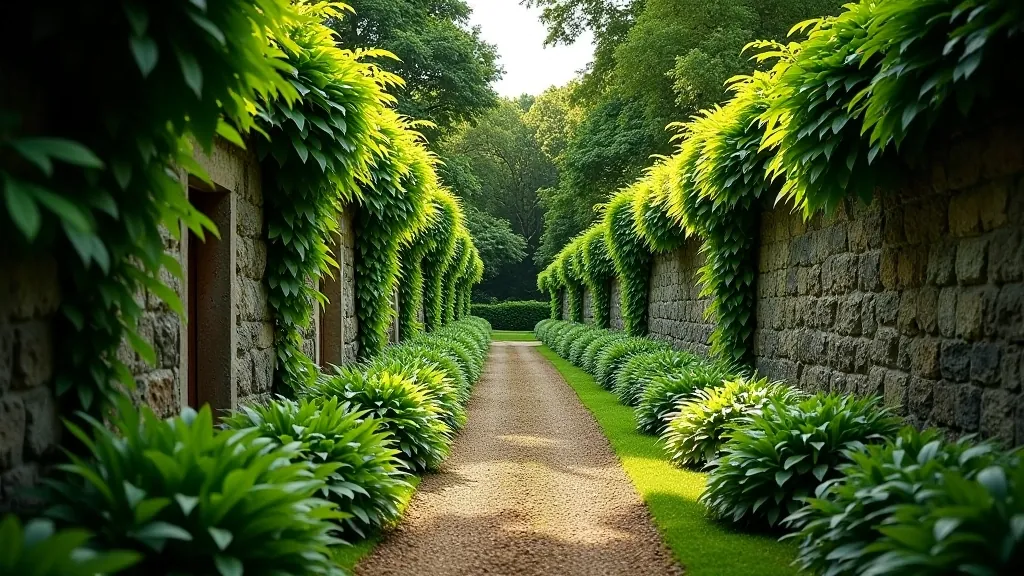 Stone walls covered in climbing ivy and heritage plants