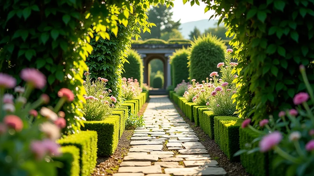 Stone garden path with manicured hedges and flowering borders at historic Irish garden