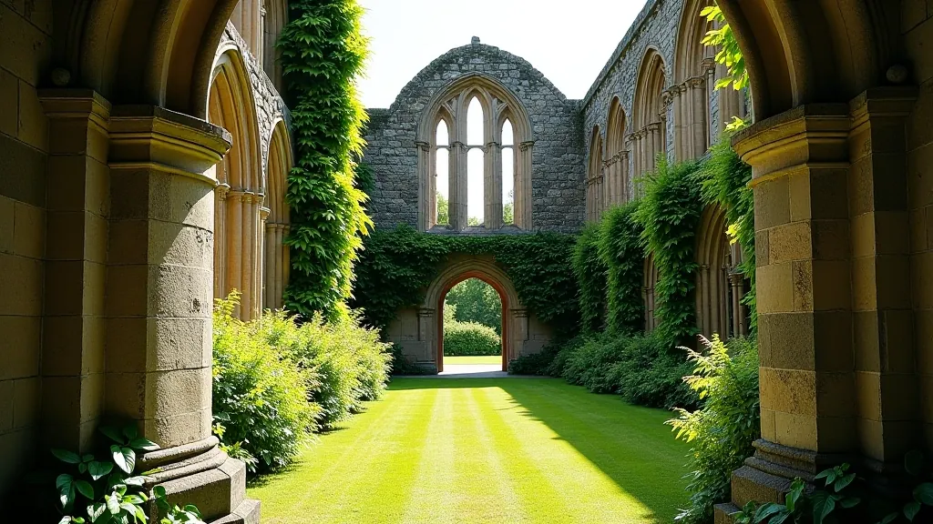 Ancient stone archway of Tintern Abbey with ivy-covered walls and medieval architecture details