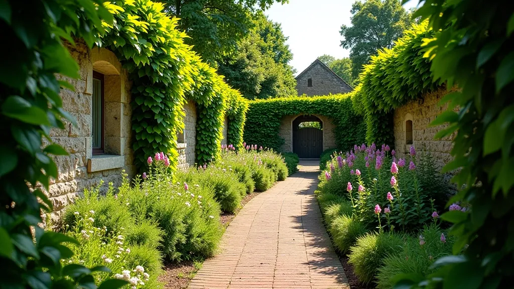 Historic walled garden with stone pathways, manicured hedges, and flowering plants in spring sunshine