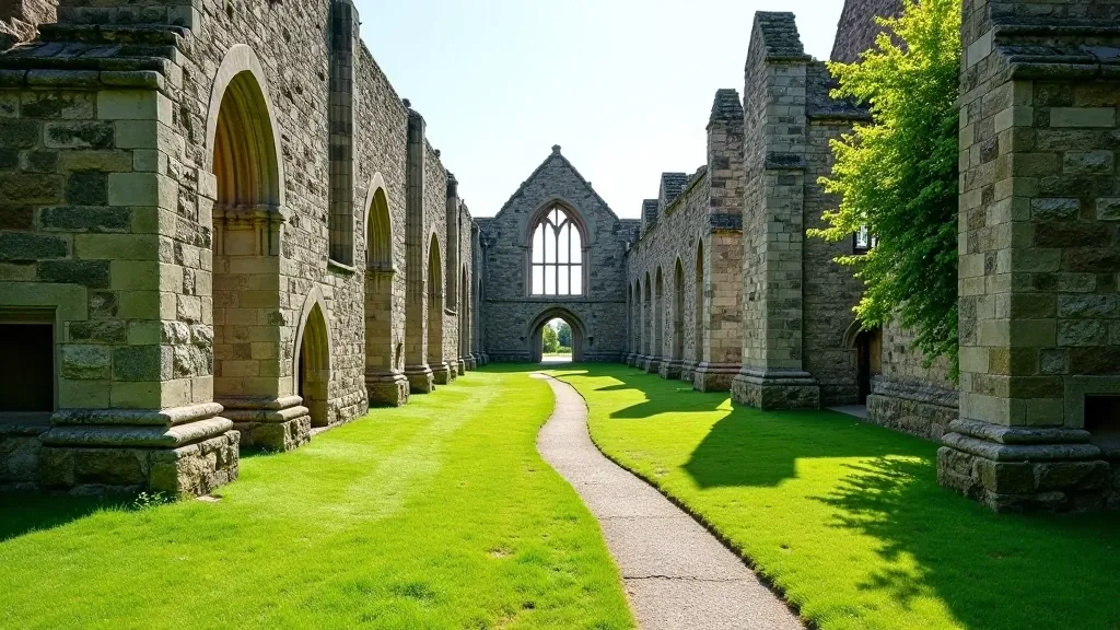 Historic Tintern Abbey ruins with walking paths through grounds
