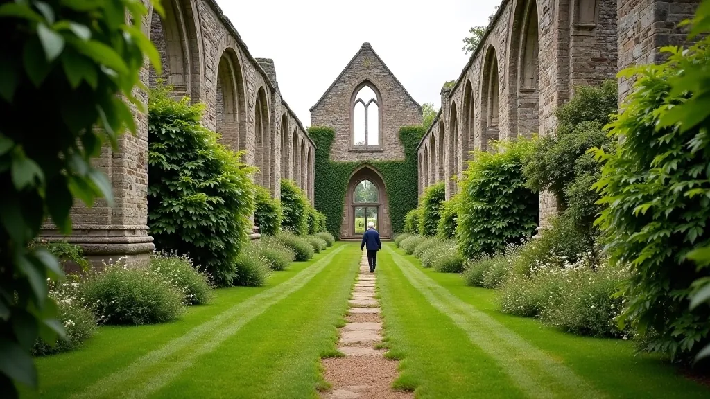 Historic Tintern Abbey ruins with walking paths