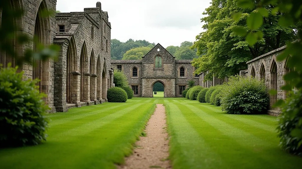 Historic Tintern Abbey ruins with walking routes marked through grounds