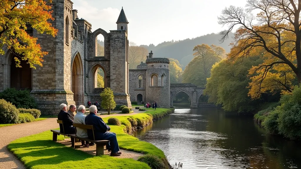 Tintern Abbey grounds with medieval stonework and mature visitors learning about monastic heritage