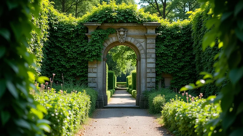 Historic stone walls of walled garden with climbing ivy, arched gateway, afternoon light