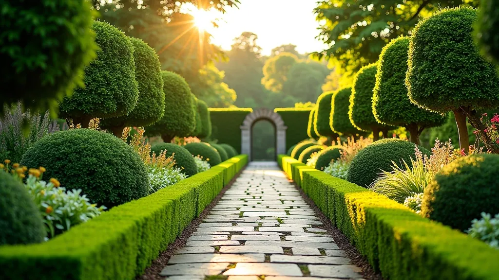 Historic walled garden pathways with manicured hedges and seasonal plantings, peaceful senior-friendly walking route, natural daylight