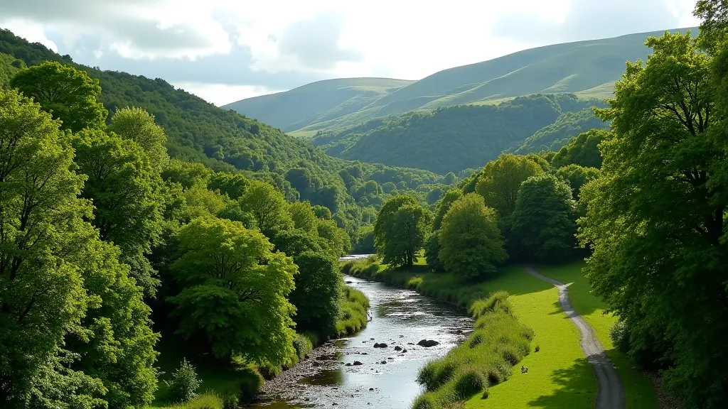 Panoramic view of Tintern Abbey valley with river flowing through green landscape surrounded by deciduous woodland