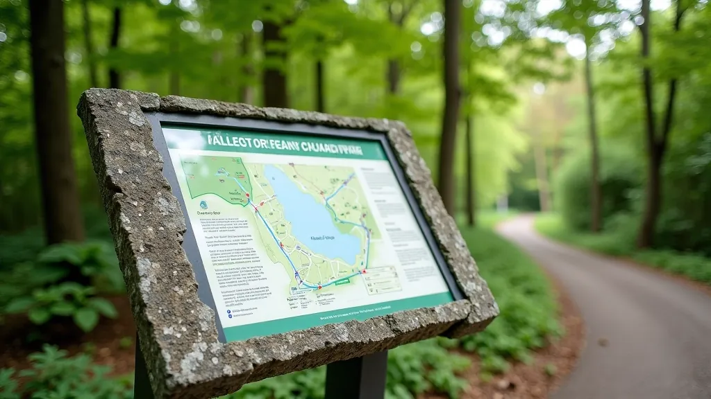 Stone interpretation board and information signs at Tintern Abbey visitor area with walking route maps displayed