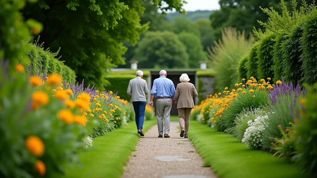 Guided garden walk through Colclough walled garden with mature visitors enjoying seasonal plantings