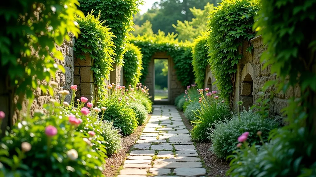 Walled garden with stone pathways and flowering plants, sunlight streaming through trees