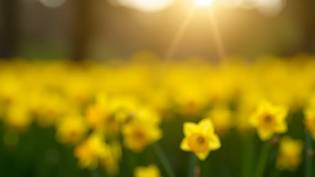 Early spring daffodils blooming in large drifts across garden meadow with green grass