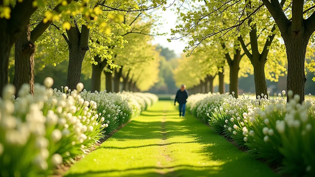Heritage garden in spring with blooming flowers, fresh green foliage, and visitors enjoying the season on maintained pathways