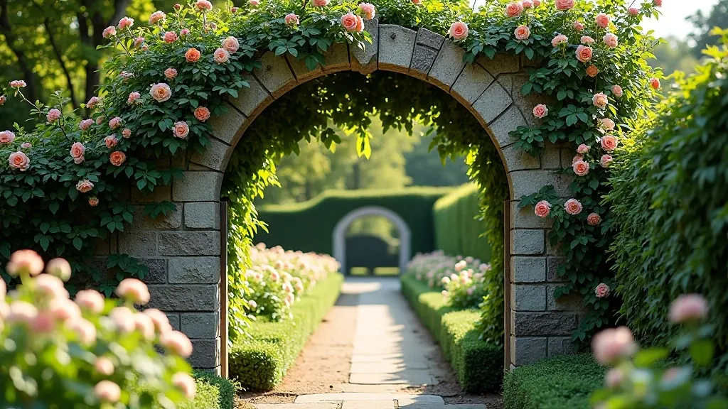 Garden archway with climbing roses and flowering vines