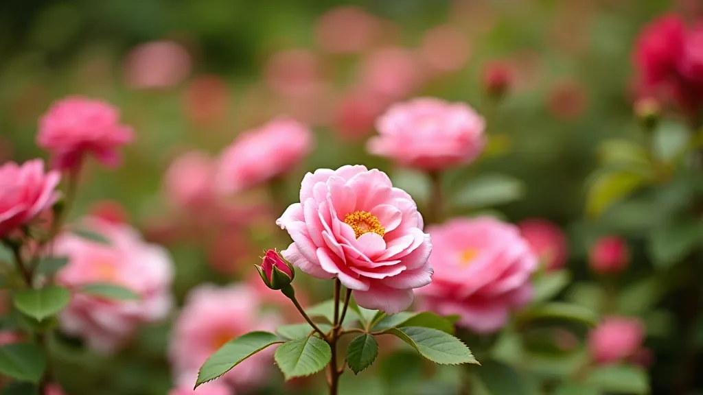 Lush summer roses and perennials in full bloom with vibrant pink and purple flowers in heritage garden bed