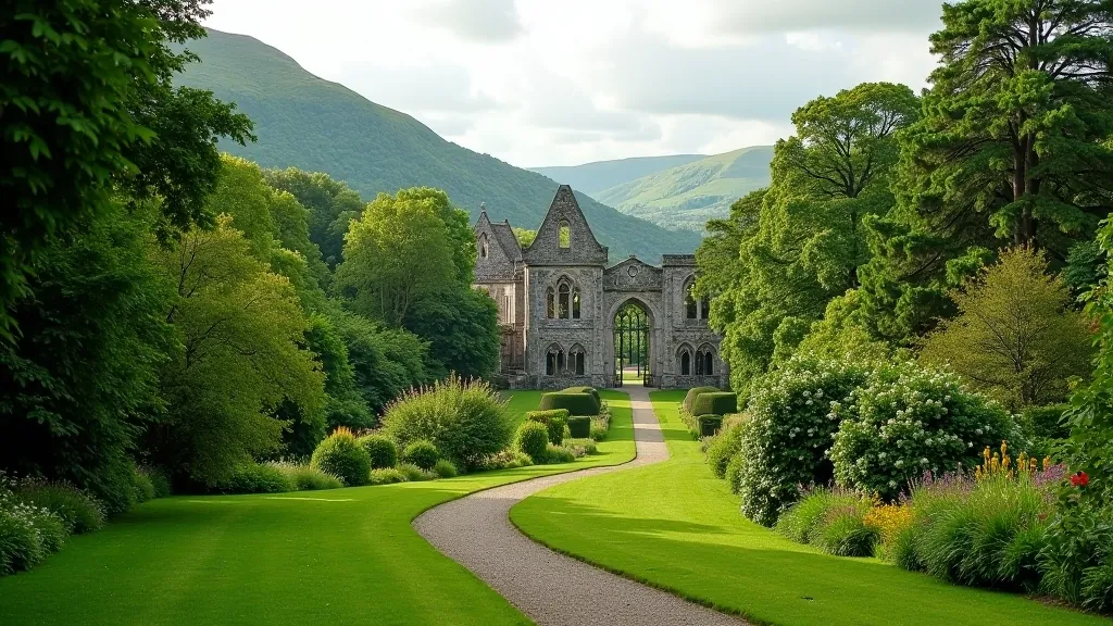 Tintern Abbey ruins surrounded by green woodland valleys and river views in County Wexford Ireland