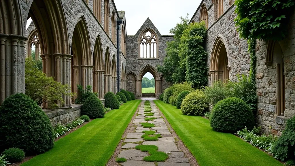 Tintern Abbey ruins with Gothic arches, stone walls, historic architecture