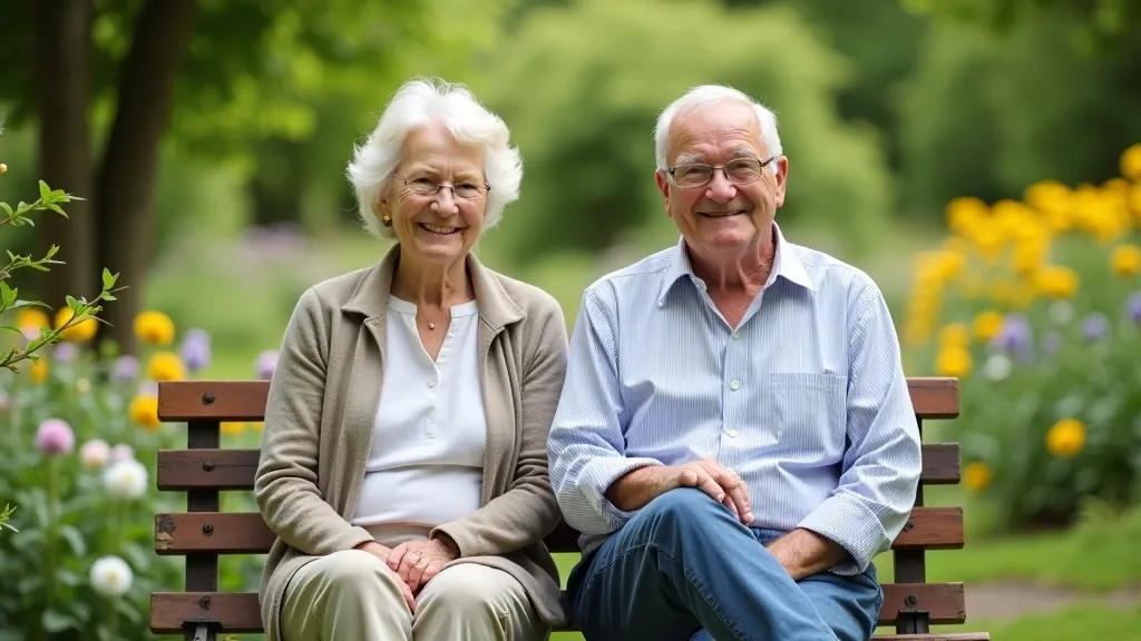 Senior visitors resting on garden benches with clear sightlines to flowers and pathways, peaceful garden setting