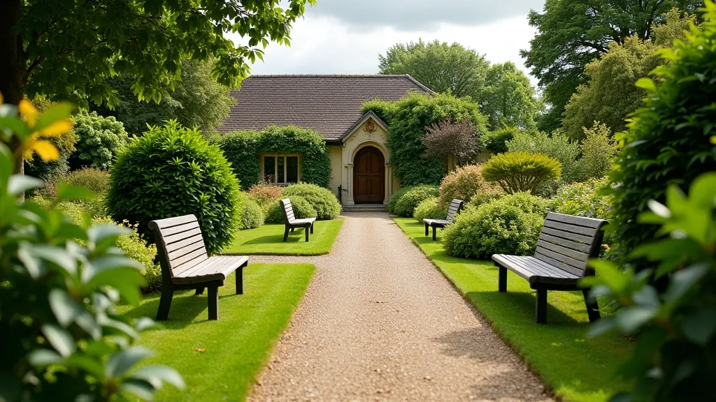 Visitor facilities at historic gardens including seating areas and pathway access