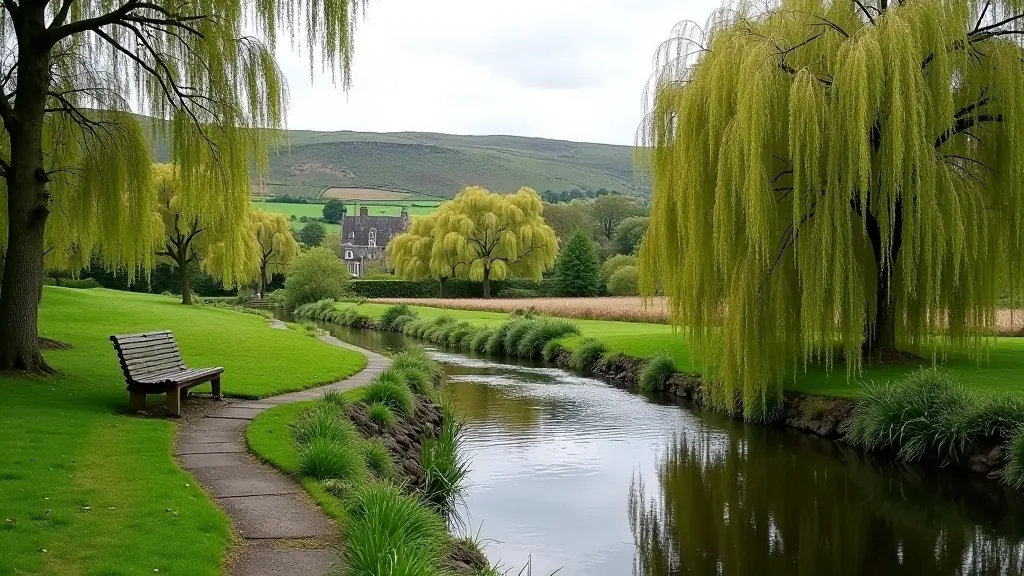 Peaceful riverside path at Tintern Abbey with stone benches overlooking the abbey ruins across the valley