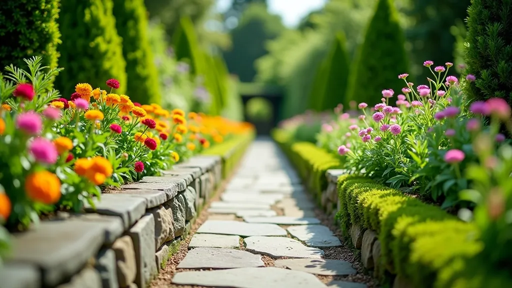 Walled garden with stone pathways and flowering borders