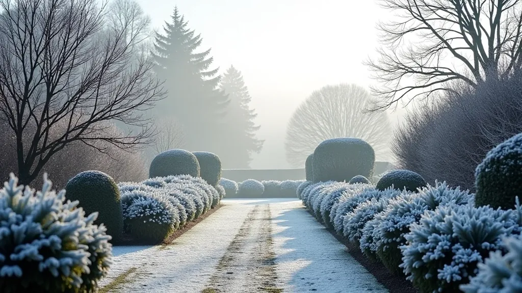 Winter garden with frost on evergreen shrubs and bare tree branches creating geometric patterns