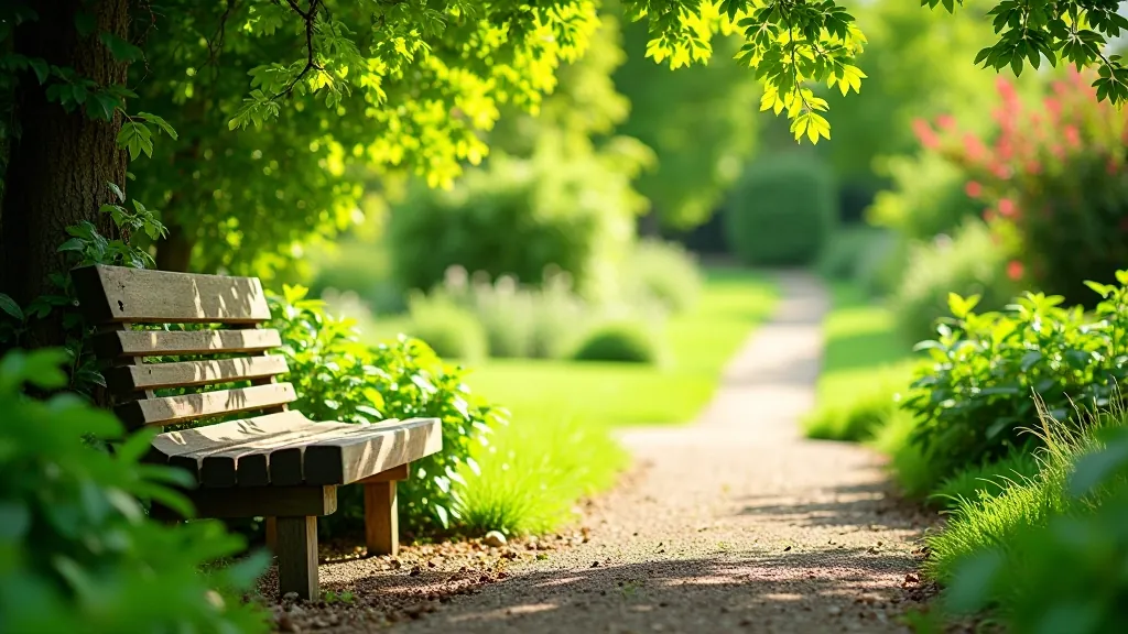 Wooden bench under tree shade, rest area in garden