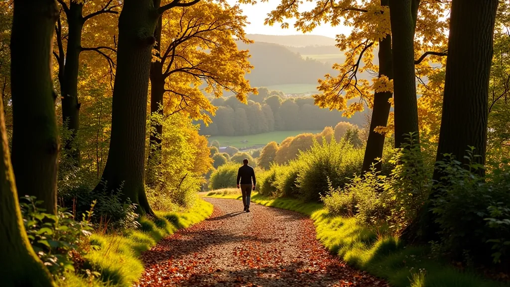 Autumn woodland trail with beech and oak trees showing golden foliage overlooking the abbey valley below